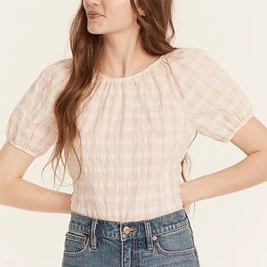 J Crew New V-back puff-sleeve top in textured plaid in Ivory Sandy Beach